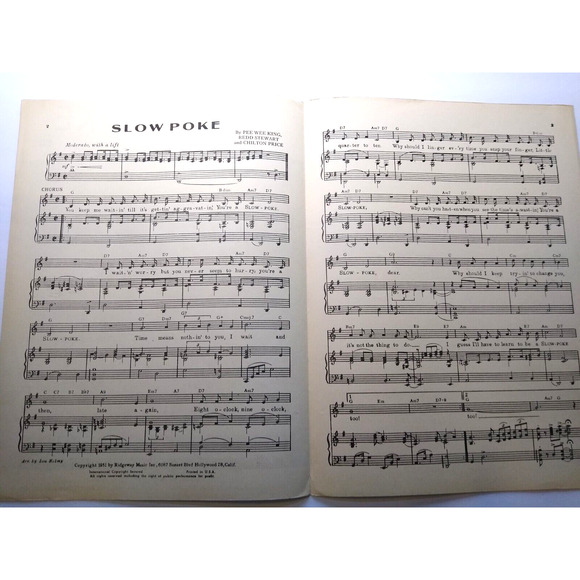 Slow Poke Sheet Music 1951 Pee Wee King Redd Stewart Clinton Price Ridgeway - Picture 2 of 4